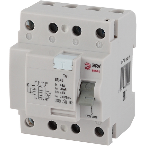 

Устройство защитного отключения 4P 63А 30мА ЭРА SIMPLE-mod-46, SIMPLE-mod-46