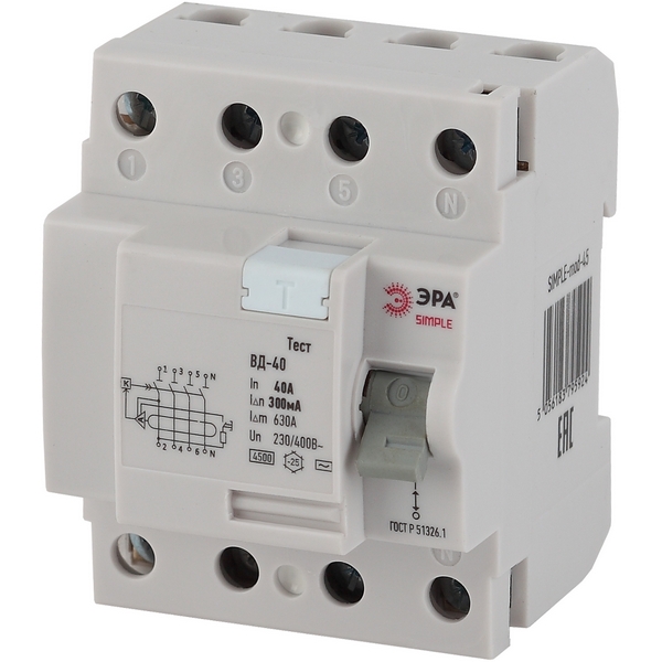 

Устройство защитного отключения 4P 40А 300мА ЭРА SIMPLE-mod-53, SIMPLE-mod-53