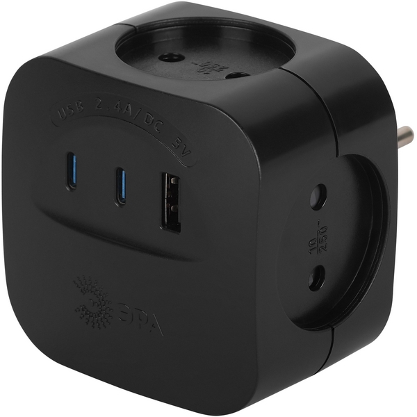 

Разветвитель на 4 гнезда без заземления со шторками с 3xUSB Type A+С (черный) ЭРА SP-4-3USBAC-B, SP-4-3USBAC-B