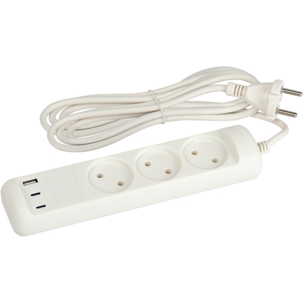 Изображение товара Удлинитель 3-х местный + USB Type A + 2xUSB Type С 3м ЭРА U-3-3m-USB-W