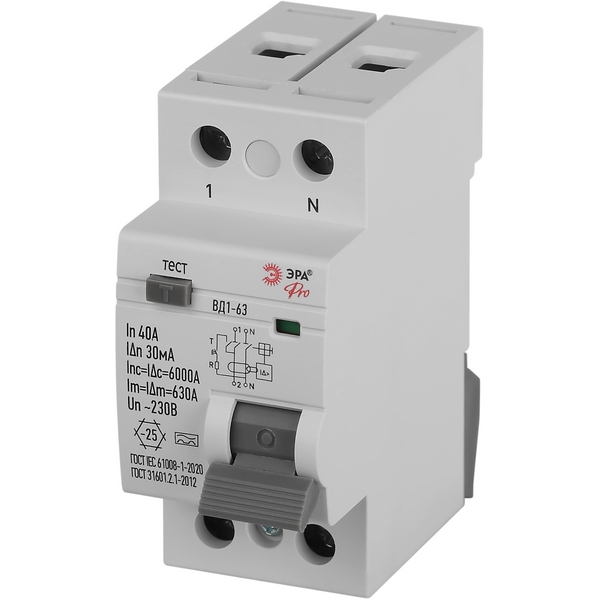 

Устройство защитного отключения 2P 40А 30мА тип А ЭРА VD2EM40A30, VD2EM40A30