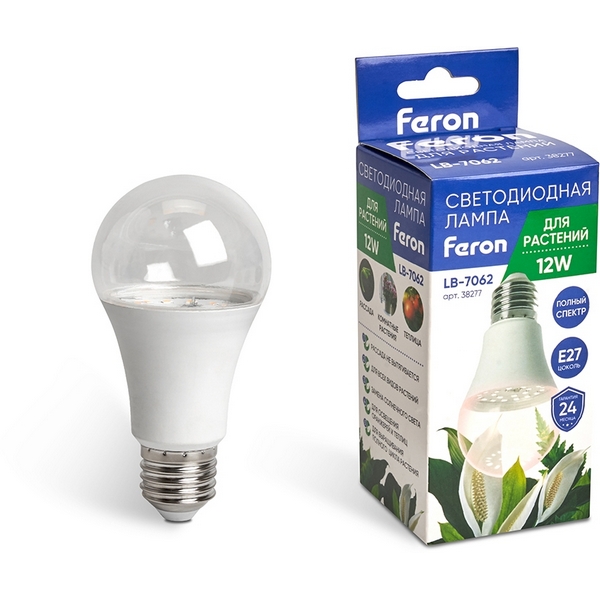 

Лампа светодиодная для растений А60 Feron 38277 LB-7060 E27 12W полный спектр, LB-7062 38277