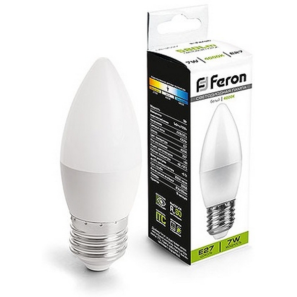 

Лампа светодиодная Feron 41380 LB-3097, C37 (свеча) 7W 220V E27 4000К, LB 41380