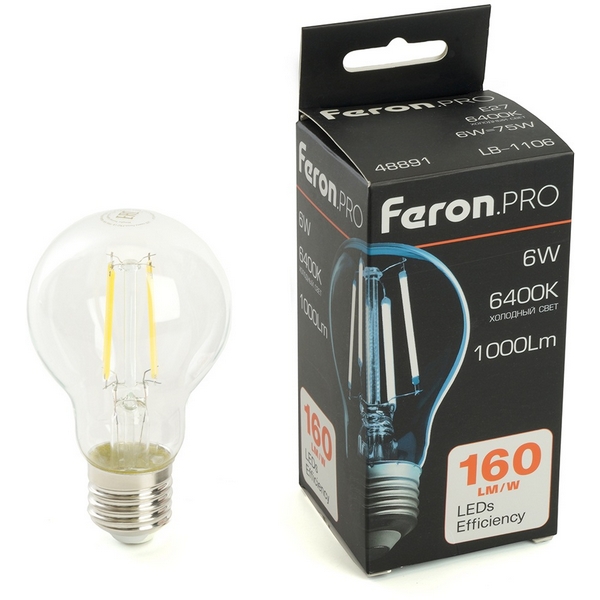 

Лампа светодиодная филамент A60 шар 6W 175-265V E27 6400К Feron LB-1106 48891, LB-1106 48891