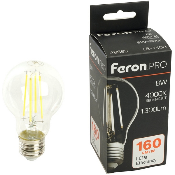 

Лампа светодиодная филамент A60 шар 8W 175-265V E27 4000К Feron LB-1108 48893, LB-1108 48893