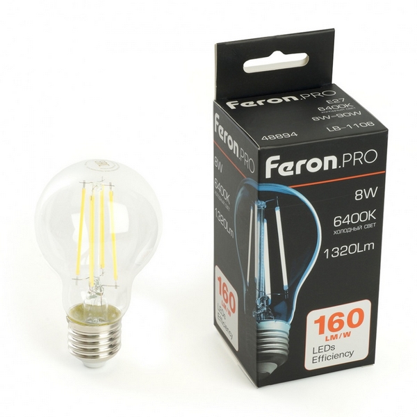 

Лампа светодиодная филамент A60 шар 8W 175-265V E27 6400К Feron LB-1108 48894, LB-1108 48894