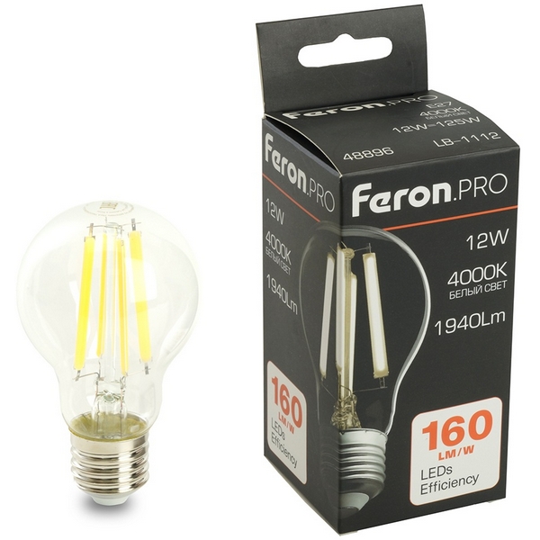 

Лампа светодиодная филамент A60 шар 12W 175-265V E27 4000К белый Feron LB-1112 48896, LB-1112 48896