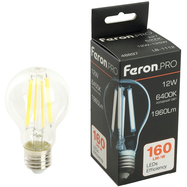 

Лампа светодиодная филамент A60 шар 12W 175-265V E27 6400К Feron LB-1112 48897, LB-1112 48897