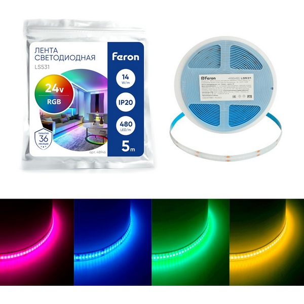 Изображение товара Светодиодная COB лента 576SMD 14Вт/м 24V RGB IP20 Feron LS531