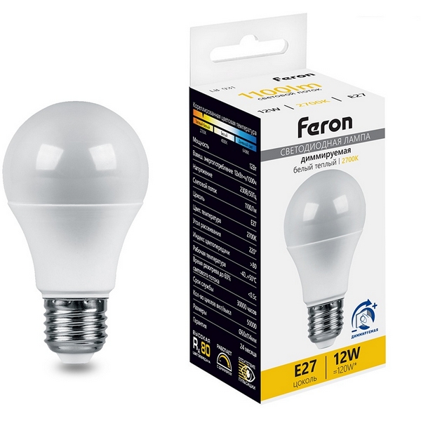 Изображение товара Светодиодная шаровая лампа E27 12W 2700K диммируемая Feron LB-931