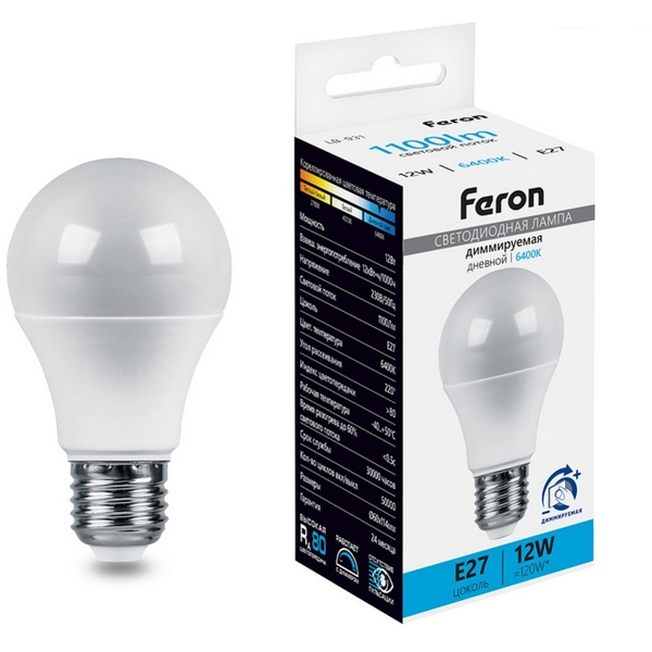 

Лампа светодиодная A60 шар диммируемая 12W 230V E27 6400К Feron LB-931 51054, LB-931 51054