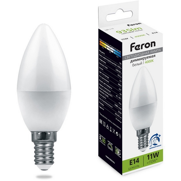 

Лампа светодиодная C37 свеча диммируемая 11W 230V E14 4000К Feron LB-771 51056, LB-771 51056
