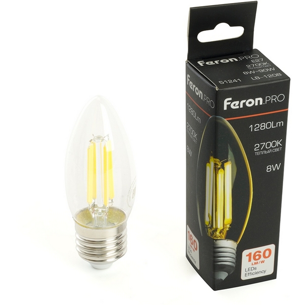 

Лампа светодиодная филамент C35 свеча 8W 175-265V E27 2700К Feron LB-1208 51241, LB-1208 51241