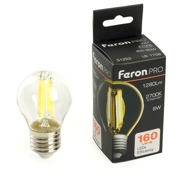 

Лампа светодиодная филамент G45 шар 8W 175-265V E27 2700К Feron LB-1708 51253, LB-1708 51253
