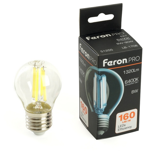 

Лампа светодиодная филамент G45 шар 8W 175-265V E27 6400К Feron LB-1708 51255, LB-1708 51255