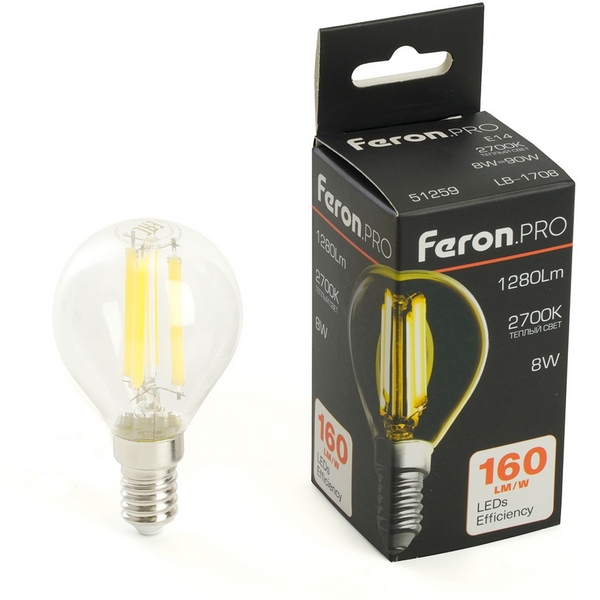 

Лампа светодиодная филамент G45 шар 8W 175-265V E14 2700К Feron LB-1708 51259, LB-1708 51259