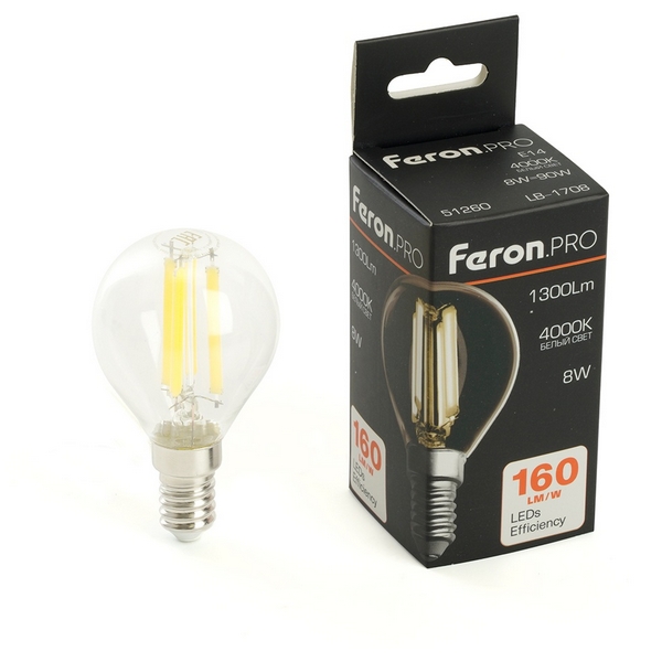 

Лампа светодиодная филамент G45 шар 8W 175-265V E14 4000К Feron LB-1708 51260, LB-1708 51260