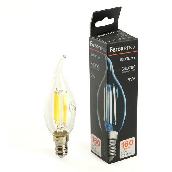 

Лампа светодиодная филамент C35T свеча на ветру 6W 175-265V E14 6400К Feron LB-1216 51264, LB-1216 51264