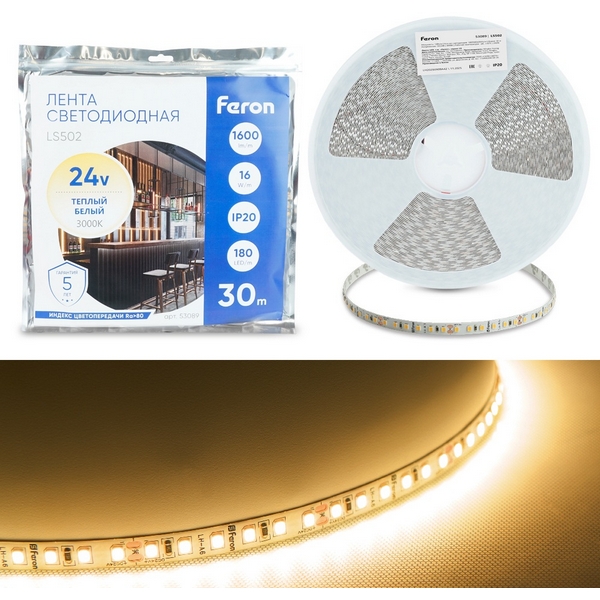 Изображение товара Светодиодная LED лента 180SMD(2835)/м 16Вт/м 24V 3000К 30м IP20 Feron LS502 53089
