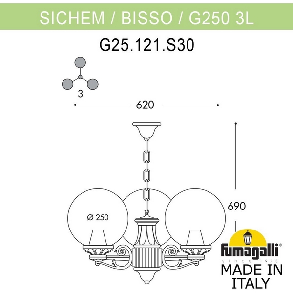 

Уличный светильник IP55 подвесной Fumagalli GLOBE 250 G25.120.S30.VZF1R, Медный;патина, Globe 250 G25.120.S30.VZF1R