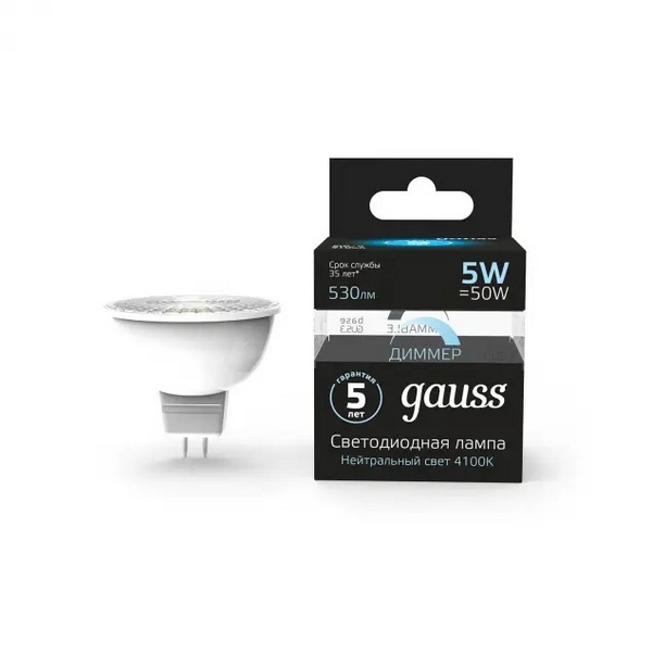 

Лампочка светодиодная полусфера GU5.3 5W 4100K 530lm Gauss 101505205, 101505205