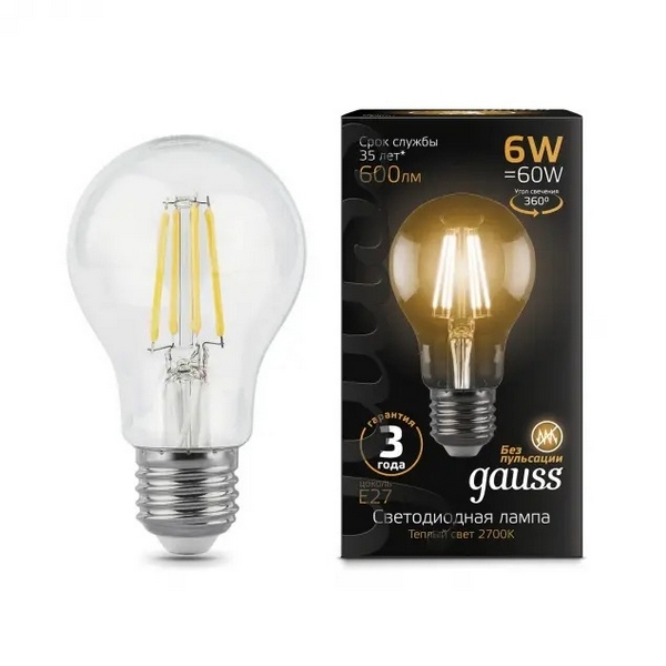 

Лампочка E27 6W 2700К 1/10/40 Gauss Filament 102802106, Filament 102802106