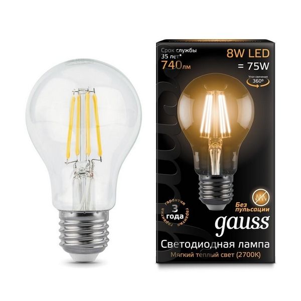 

Лампочка E27 8W 2700К 1/10/40 Gauss Filament 102802108, Filament 102802108