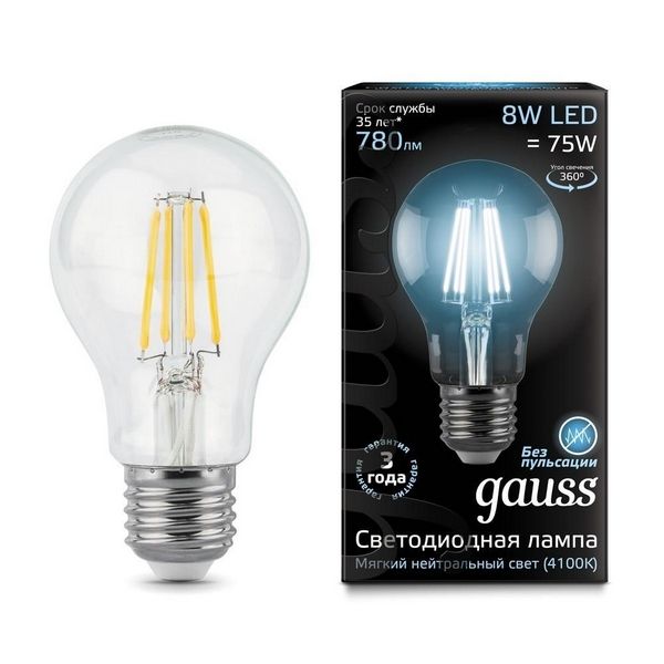 

Лампочка E27 8W 4100К 1/10/40 Gauss Filament 102802208, Filament 102802208