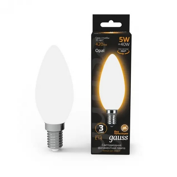

Лампочка E14 5W 2700К 1/10/50 Gauss Filament 103201105, Filament 103201105