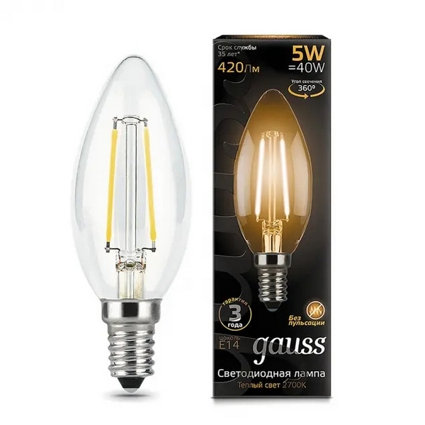 

Лампочка E14 5W 2700К 1/10/50 Gauss Filament 103801105, Filament 103801105