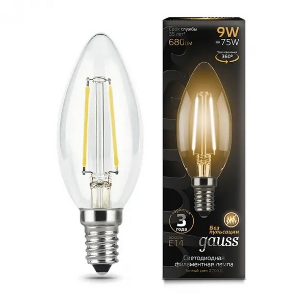 

Лампочка E14 9W 2700К 1/10/50 Gauss Filament 103801109, Filament 103801109