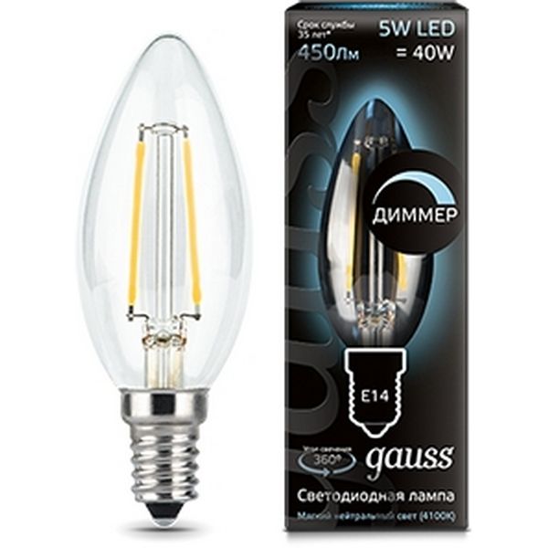 

Лампочка LED Filament Candle dimmable E14 5W 4100К 1/10/50 103801205-D Gauss, Filament 103801205-D