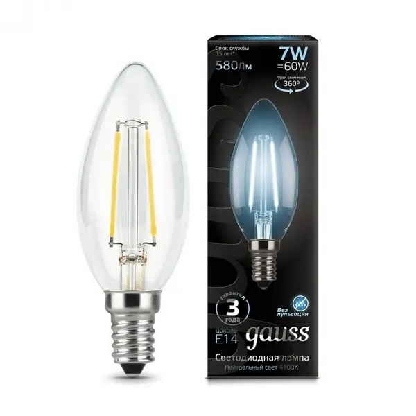 

Лампочка E14 7W 4100К 1/10/50 Gauss Filament 103801207, Filament 103801207