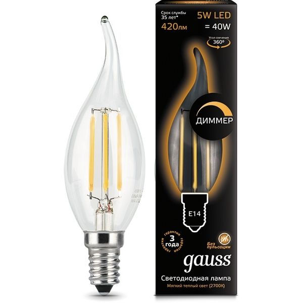 

Лампочка LED Filament Candle tailed dimmable E14 5W 2700K 1/10/50 104801105-D Gauss, Filament 104801105-D