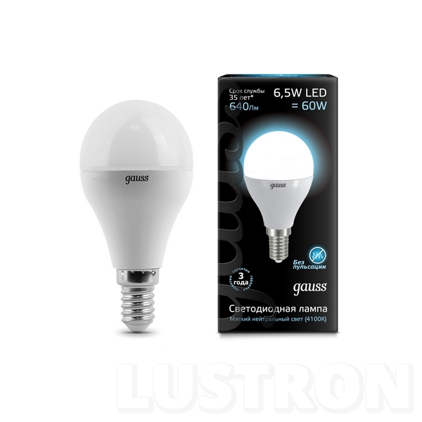 

Лампочка светодиодная груша E14 4100K 640lm Gauss 105101207, 105101207