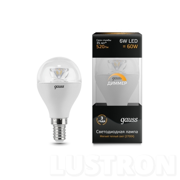 

Лампочка светодиодная груша E14 6W 2700K 520lm 105201106-D (Gauss), Globe Crystal Clear 105201106-D