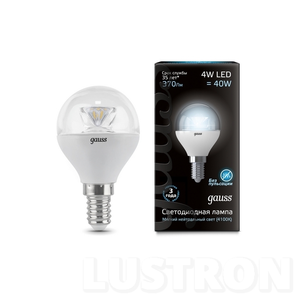 

Лампочка светодиодная груша E14 4W 4100K 370lm Gauss Globe Crystal Clear 105201204, Globe Crystal Clear 105201204