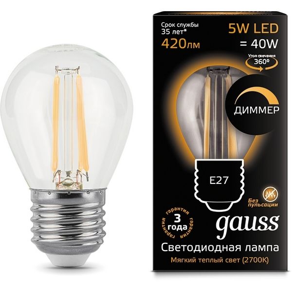 

Лампочка E27 5W 2700K 1/10/50 Gauss Filament 105802105-D, Filament 105802105-D