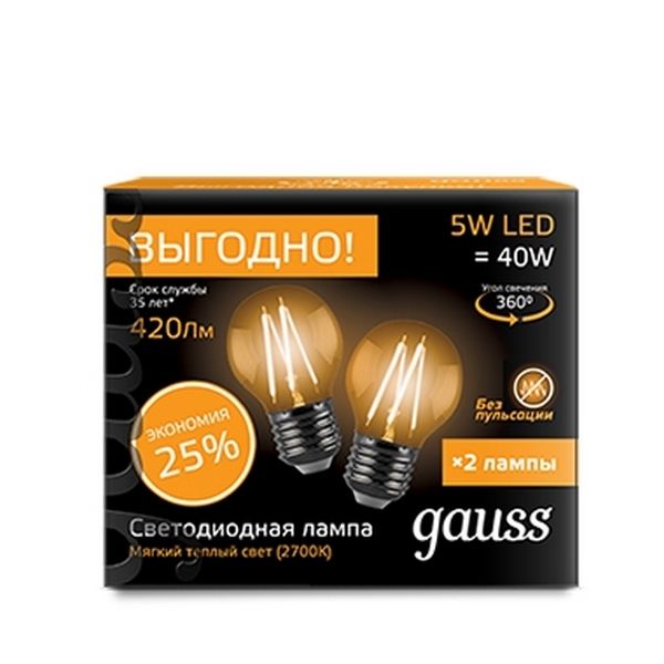 

Лампочка E27 5W 2700К 2/100 (2 лампы в упаковке) Gauss Filament 105802105P, Filament 105802105P