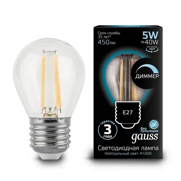 

Лампочка E27 5W 4100K 1/10/50 Gauss Filament 105802205, Filament 105802205