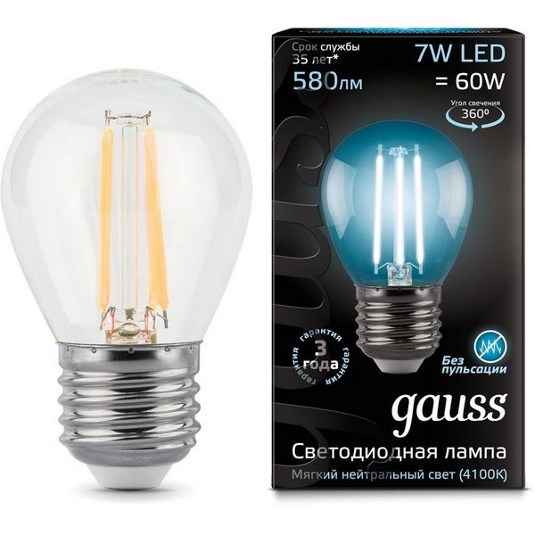 

Лампочка E27 7W 4100K 1/10/50 Gauss Filament 105802207, Filament 105802207