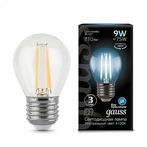 

Лампочка E27 9W 4100K 1/10/50 Gauss Filament 105802209, Filament 105802209