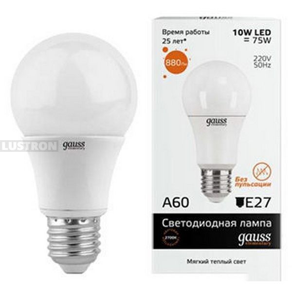 

Лампочка светодиодная груша E27 10W 2700K 880lm Gauss 23210, 23210
