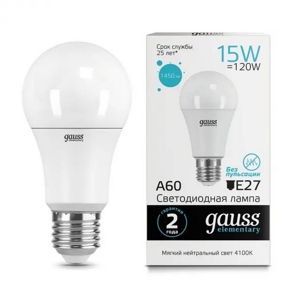 

Лампочка 15W E27 4100K 1/10/50 Gauss Elementary 23225, Elementary 23225