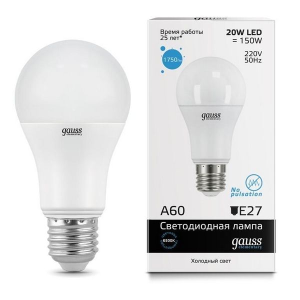 

Лампочка 20W E27 6500K 1/10/40 Gauss Elementary 23239, Elementary 23239