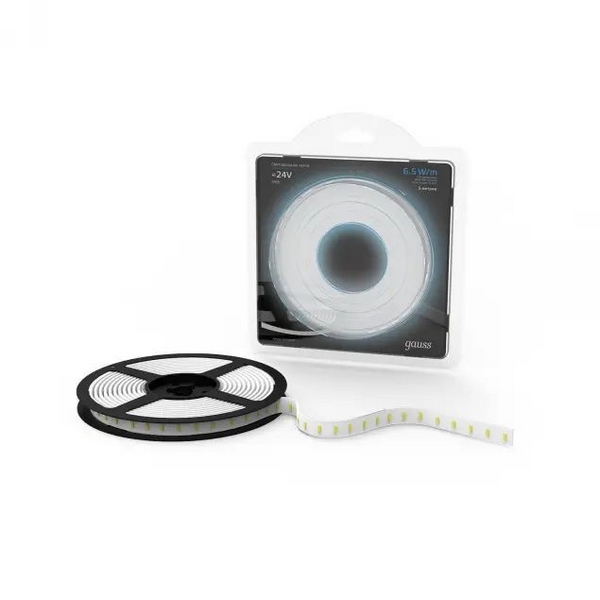 

Лента светодиодная 2835/120-SMD 6.5W 24V DC 600lm/m 5000K IP65 (блистер 5м) 1/50 311000265 Gauss, 311000265