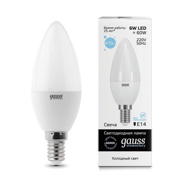 

Лампочка 6W E14 6500K Gauss Elementary 33136, Elementary 33136