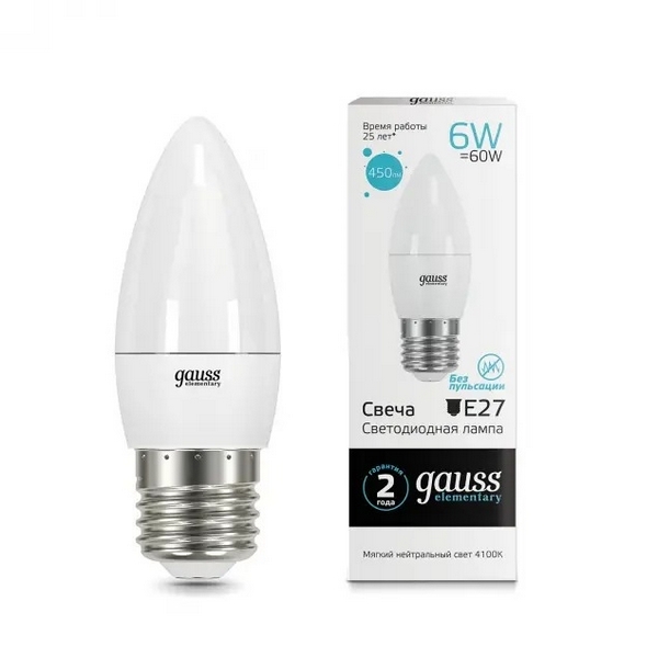 

Лампочка светодиодная E27 6W 4100K 560lm Gauss 33226, 33226