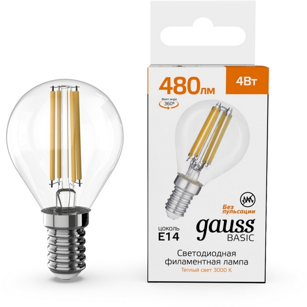 

Лампочка светодиодная филаментная E14 4W Gauss 50512142, 50512142