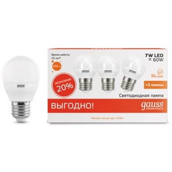 

Лампочка 7W E27 2700K 1/40 (3 лампы в упаковке) Gauss Elementary 53217T, Elementary 53217T